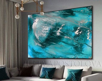 Teal Abstract Art, Turquoise Painting, Teal Silver Canvas Art Print, for Modern Wall Decor, Coastal Living Room Decor, by Julia Apostolova