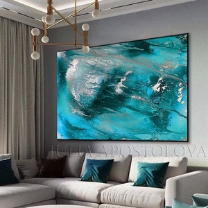 Teal Abstract Art, Turquoise Painting, Teal Silver Canvas Art Print, for Modern Wall Decor, Coastal Living Room Decor, by Julia Apostolova image 1