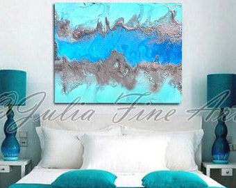 Turquoise Abstract, Blue Painting, Large Canvas, Blue Silver Art, Aqua Water Painting Print, Seascape Painting, Blue Home Decor, Beach Decor