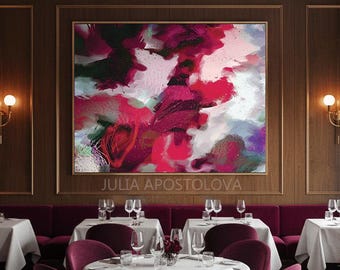 Abstract Floral Wall Art, Dark Berry Pink Painting, Botanical Print, Restaurant Decor