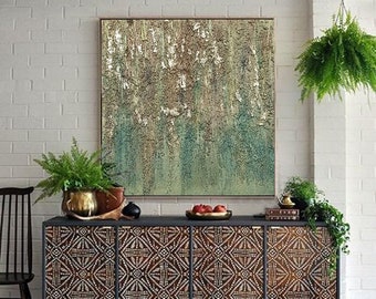 3d Painting, Original Painting, Green Gold, Texture Painting, Metallic Colors Gold Leaf, Abstract Painting, Minimalist Art Luxury Wall Decor