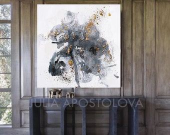 50'' Gray Gold Wall Art Modern Painting Print Ink Abstract Art Embellished Canvas with real Gold Leaf ''Finding Home'' by Julia Apostolova