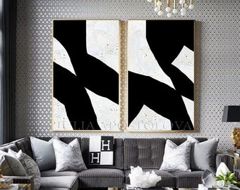 Black White Painting Wabi Sabi Abstract with Brush Strokes Minimalist Art Black White Canvas Wall Art Set of Two Large Modern Wall Art Decor