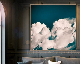 Large Cloud Art, Cloud Painting, Cloud Canvas Print, Dark Teal Wall Art, Cotton Clouds and Sky, Nordic Wall Art for Trending Decor, by Julia