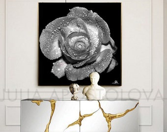 Rose Photography Black and White Floral Art Monochromatic Nature Minimalist Art Rose with waterdrops Large Canvas Print by Julia Apostolova