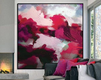 Large Floral Abstract Painting - Berry Pink Canvas Print - Large Living Room Art - Gift Idea for Her