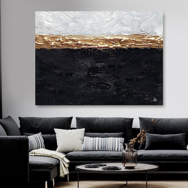 Pittura 3d in oro bianco nero, pittura astratta, opera d'arte originale minimalista, grande arte murale, arte contemporanea, arredamento interno del soggiorno