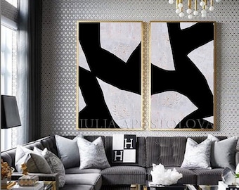 Black & White Painting Minimalist Abstract with Brush Strokes Contemporary Art Black White Canvas Wall Art Set of Two Large Modern Wall Art