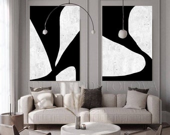 Black & White Painting Minimalist Art Abstract Contemporary Wall Art Decor Set of Two Large Modern Textured Black White Canvas Art by Julia