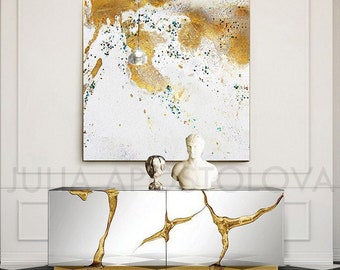 Gold Leaf Wall Art, Minimalist Abstract Painting, White and Gold Decor, Abstract Canvas Art, Gold Wall Art, Large Modern Wall Art by Julia