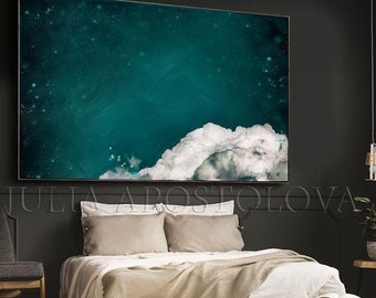 Dark Cloud Art, Teal Cloud Painting on Canvas, Dark Teal Large Cloud Wall Art for Minimalists, Clouds Canvas up to 80inch by JuliaApostolova