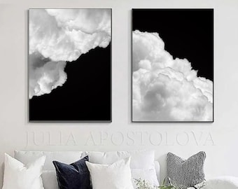 Canvas Wall Art Abstract Cloud Painting Art Print Set Cloud Canvas Black White Wall Art Home Decor READY TO HANG Black White Wall Decor
