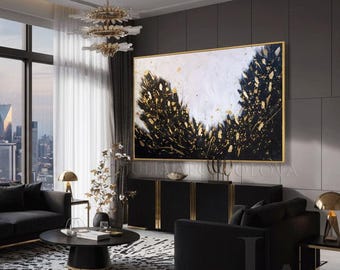 Original Abstract Gold Leaf Painting, Large Black White Gold Art for Modern Living Room Luxury Wall Decor by artist Julia Apostolova