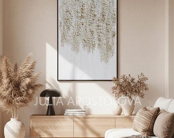 Wabi Sabi White Gold Abstract Painting, 3D Textured Wall Art, Japandi Decor
