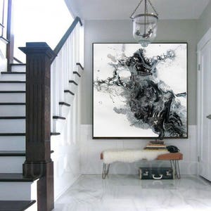 45x45'', Black and White Watercolour Painting, Abstract Print, Large Wall Art, Canvas Art Abstract, Black White Print, Modern Wall Decor image 2