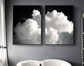 Black & White Cloud Painting Abstract Wall Art Set of 2 Cloud Paintings Minimalist Art Black White Canvas Big Clouds Wall Art Large Modern