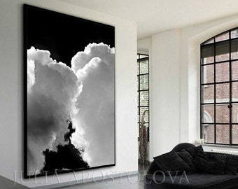Kissing Clouds, Black White Art, Cloud Painting, Large Wall Art, Cloud Canvas Art Print, Minimalist Abstract Art for Modern Home Decor