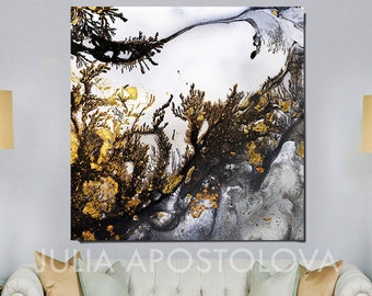 Wall Art Canvas with Grey White Gold Black, Watercolor Abstract Painting Print with Gold Leaf by Julia for Trending Interiors & Large Spaces