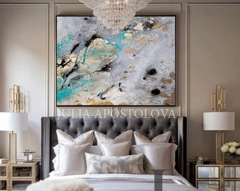 Gold Leaf Watercolor Abstract Painting, Gray Black Teal Luxury Wall Art, Unique Canvas by Julia Apostolova, Italian Floating Frame by choice