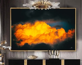 Bold Cloud Artwork, Black Orange Abstract Painting, Modern Wall Decor, Oversized Cloud Print, up to 80 inch