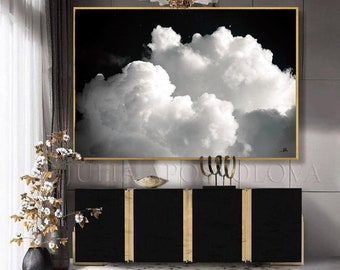 80'' CLOUD PAINTING Black and White Cloud Wall Art Minimalist Painting Print Abstract Cloud Canvas & Large Wall Art Modern Painting by Julia