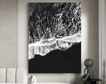 80'' Black White Wall Art Ocean Waves BLACK SAND BEACH Art Large Abstract Art Minimalist Painting Print On Canvas Modern Office Wall Decor