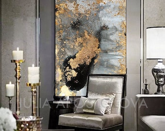 Grey Gold Black & Gold Leaf Large Luxury Wall Art Canvas Print of Original Watercolor Abstract Painting 'Autumn Dreams' by Julia Apostolova