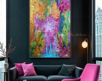 Contemporary Art, Abstract Painting, Colorful Canvas Wall Art, Purple and Gold, Rainbow Art, Textured Art Vertical Painting, JuliaApostolova