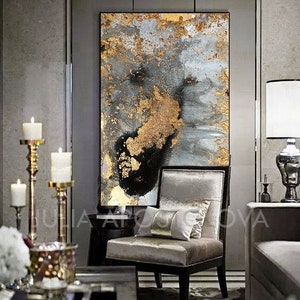 Grey Gold Black & Gold Leaf Large Luxury Wall Art Canvas Print of Original Watercolor Abstract Painting 'Autumn Dreams' by Julia Apostolova