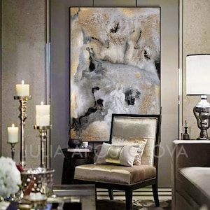 Grey and Gold Wall Art, Black Gold Print, Contemporary Art Abstract Painting, Gold Leafing, Wall Art Canvas, Watercolors Print, Modern Décor image 1