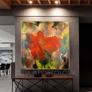 Large Wall Art, Abstract Canvas Art, Red and Gold, Print, Gold Large Abstract Print, ''Feelings Eruption'' by Fine Artist, Julia Apostolova image 1