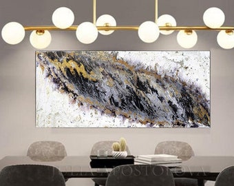 55'' Original Painting with Silver and Gold Leaf Black White Wall Art on Canvas for Livingroom and Large Abstract Art for Contemporary Decor