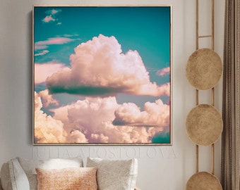 Coral Teal Wall Art, Dreamy Cloud Painting Print on Canvas, Pink Clouds and Sky for Large Walls, Boho Decor and Gift for Her