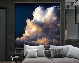 Stormy Cloud Print, Cloud Art Painting, Dark Blue Wall Art, Oversized canvas wall art clouds, Large Dramatic Sky Art for Trendy Modern Decor
