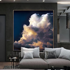 Stormachtige wolkenprint, wolkenkunst schilderij, donkerblauwe muurkunst, oversized canvas muurkunst wolken, grote dramatische luchtkunst voor trendy modern decor
