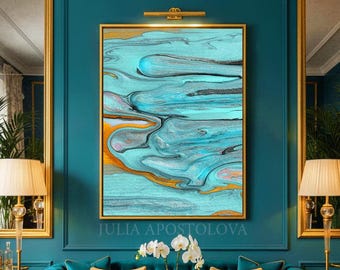 Turquoise Wall Art Abstract Canvas Painting, Large Vertical Print, Coastal Boho Home Decor