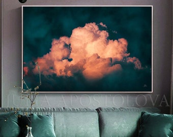 78'' CLOUD PAINTING Dark Teal Cloud Wall Art Minimalist Painting Print Abstract Cloud Canvas & Large Wall Art Modern Painting by Julia