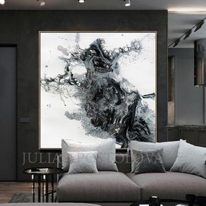 45x45'', Black and White Watercolour Painting, Abstract Print, Large Wall Art, Canvas Art Abstract, Black White Print, Modern Wall Decor image 1