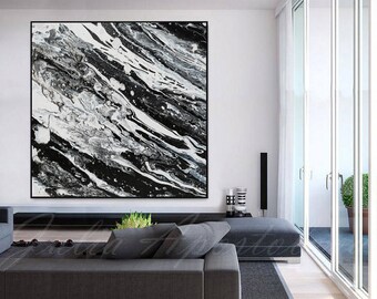 Modern Print, Black and White Print, Abstract Painting, Black White Canvas, Large Wall Art, Black White Decor, Contemporary, 'Into the deep'