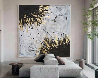 Gold Gray Abstract Painting Gold Leaf Textured Wall Art Original Splash Painting On Canvas ''Angels Touch'' Living Room Large Wall Decor