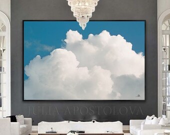 80'' CLOUD PAINTING Blue and White Cloud Wall Art Minimalist Painting Print Abstract Cloud Canvas & Large Wall Art Modern Painting by Julia