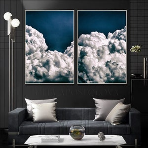 Navy Blue Wall Art, Sky cloud painting, Large Canvas Art, above bed prints, Set of 2 wall art, for Modern Decor and Gift for someone special