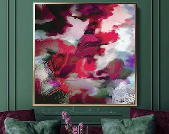 Pink fine art abstract painting, floral wall art hot pink decor, colorful art for maximalist decor, eclectic wall art by Julia Apostolova