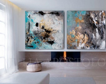 80x40'', Abstract Watercolor Print, Gold Leaf Painting, Gold Black Teal, Watercolour Print Set of 2 Large Wall Art by Julia Apostolova