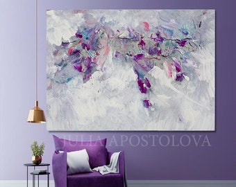 Minimalist Painting Floral Abstract Wall Art White Purple and Silver Landscape ART Gift for Her 'Morning Glory'' by Artist Julia Apostolova