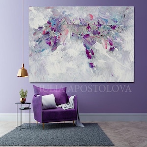 Minimalist Painting Floral Abstract Wall Art White Purple and Silver Landscape ART Gift for Her 'Morning Glory'' by Artist Julia Apostolova image 1