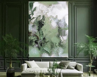 Gran acuarela de paisaje abstracto, enorme obra de arte mural en verde salvia, inspirada en la naturaleza, arte moderno, decoración boho chic de Julia Apostolova