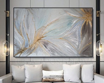 Large Original Painting, Elegant Wall Art for Livingroom, Metallic Gold & Silver, Neutral Wall Art, Abstract Painting, Large Minimalist Art