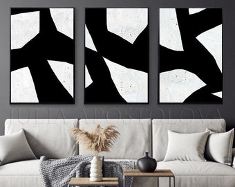 Extra Large Minimalist Art Set of 3 Paintings in Black White for Modern Wall Décor by Julia Apostolova