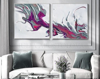 Large Abstract Canvas Art - Modern Wall Art Print Set in White Purple - Elegant Living Room Decor